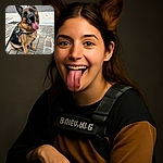 A happy German Shepherd sitting on a cobblestone path, tilting its head with its tongue out like it's posing for the perfect doggy selfie, wearing a Julius-K9 harness.