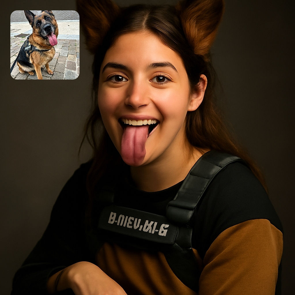A happy German Shepherd sitting on a cobblestone path, tilting its head with its tongue out like it's posing for the perfect doggy selfie, wearing a Julius-K9 harness.