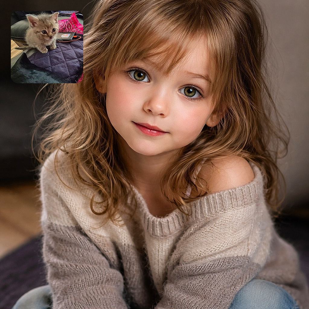 A tiny fluffy kitten with big curious eyes is perched on a quilted dark blanket, looking like it's ready to explore the world. Behind it, a bright pink patterned pillow and a gadget with an orange cord add pops of color and mystery to this cozy scene.