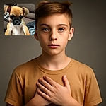 A close-up shot of an adorable puppy with a slightly blurry face, looking curiously at the camera while being held up in front of a brown sofa and a patterned blanket.