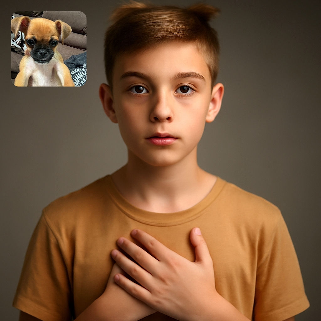 A close-up shot of an adorable puppy with a slightly blurry face, looking curiously at the camera while being held up in front of a brown sofa and a patterned blanket.