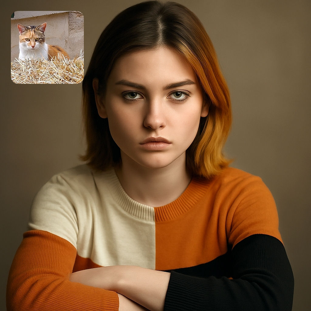 A curious calico cat peeks over a pile of dry hay, its eyes wide and alert, set against a rustic stone wall background. The natural lighting highlights the cat's soft fur and the texture of the straw, creating a cozy countryside vibe.