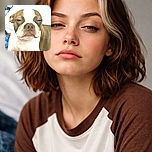A close-up photo of a brown and white dog with a sleepy, unimpressed expression, lying on a blue blanket with a white background. The dog's eyes are half-closed, giving it a grumpy yet adorable look.