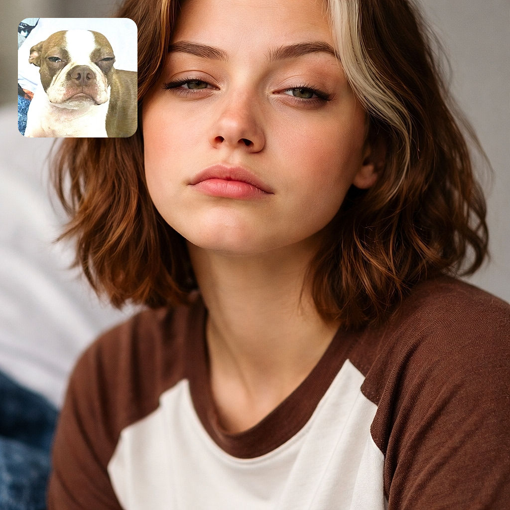 A close-up photo of a brown and white dog with a sleepy, unimpressed expression, lying on a blue blanket with a white background. The dog's eyes are half-closed, giving it a grumpy yet adorable look.