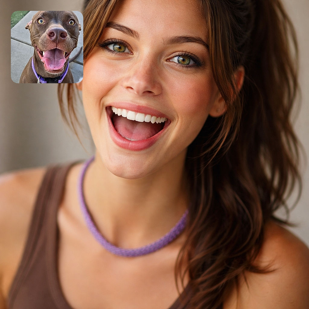 A goofy, overjoyed dog fills the frame with a big wet nose, lolling pink tongue and golden eyes — clearly auditioning for 'Goodest Boy of the Year' while rocking a purple collar and tag.