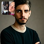A curious tuxedo cat gazes out the window with wide eyes, while a young woman in a bright pink shirt and cross necklace puckers up beside it. The background features a vibrant painting of horses and a can of energy drink, creating a cozy and lively indoor scene.