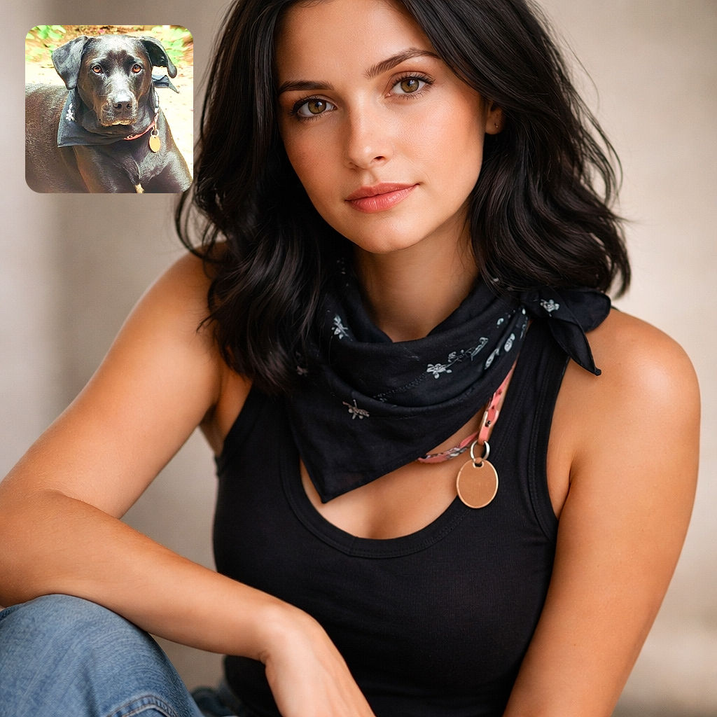 A sleek black dog lounges on a sunlit patio, sporting a stylish bandana and a shiny tag, looking at the camera with soulful eyes that say 'treats, please!' The background is softly blurred with greenery and a wooden fence, making this canine the star of the show.