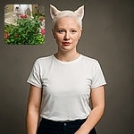 A white Bull Terrier stands alert on a stone surface behind a lush green bush with vibrant red roses, framed by a rustic wooden door and stone wall in the background.