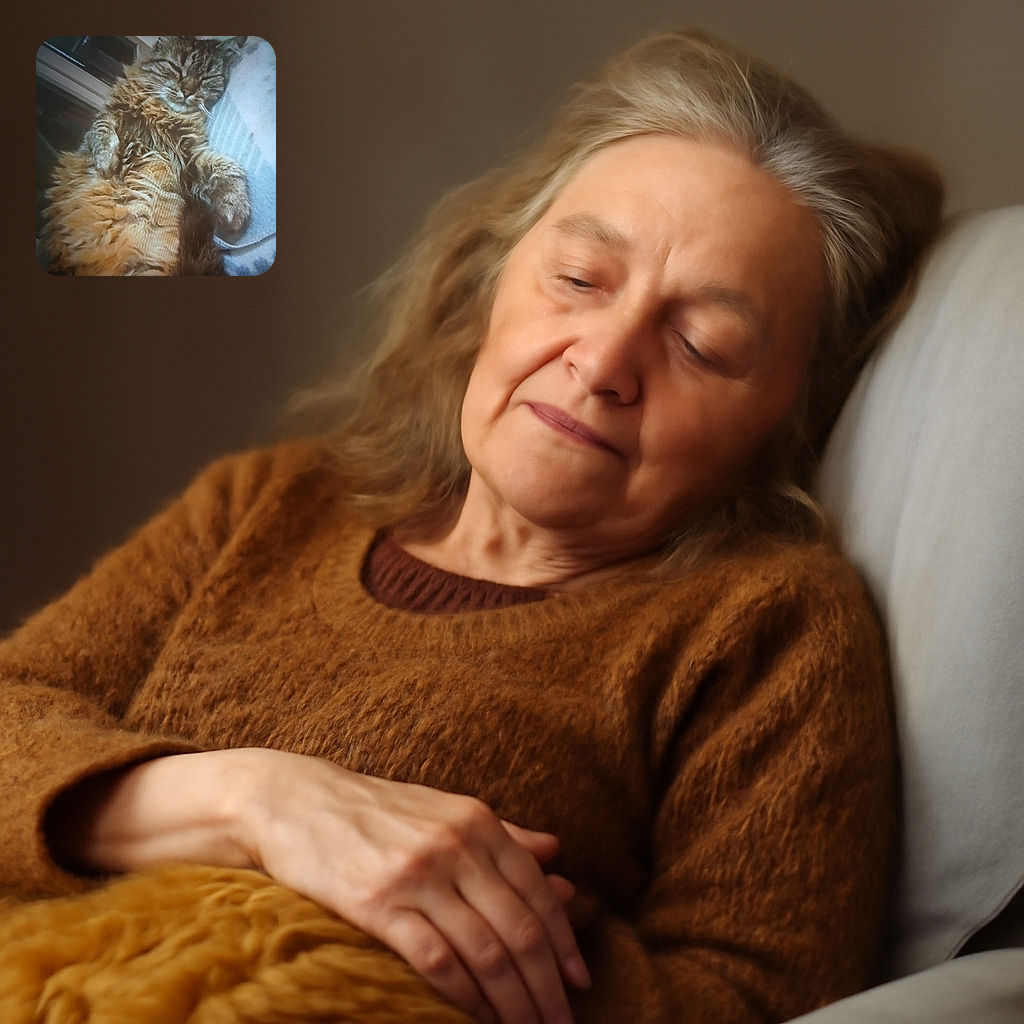 A fluffy, contented cat is lying on its back, eyes closed in peaceful slumber, with its soft fur rippling like a cozy blanket. The background shows a dimly lit room with a window and some furniture, adding to the relaxed home atmosphere.