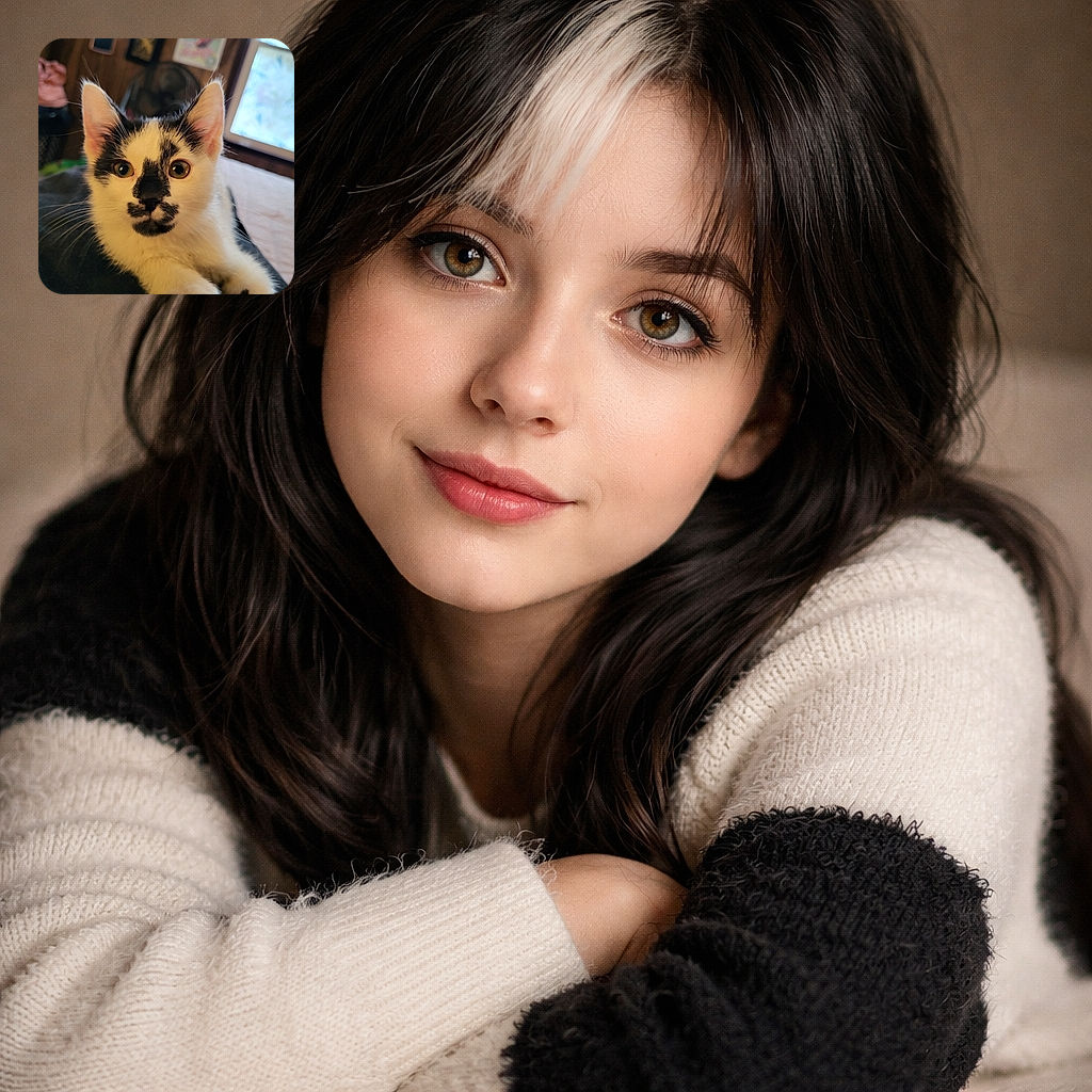 A charming black and white kitten with a unique facial pattern that looks like a tiny mustache and beard, gazing curiously at the camera while lounging comfortably indoors with a cozy, softly blurred background.