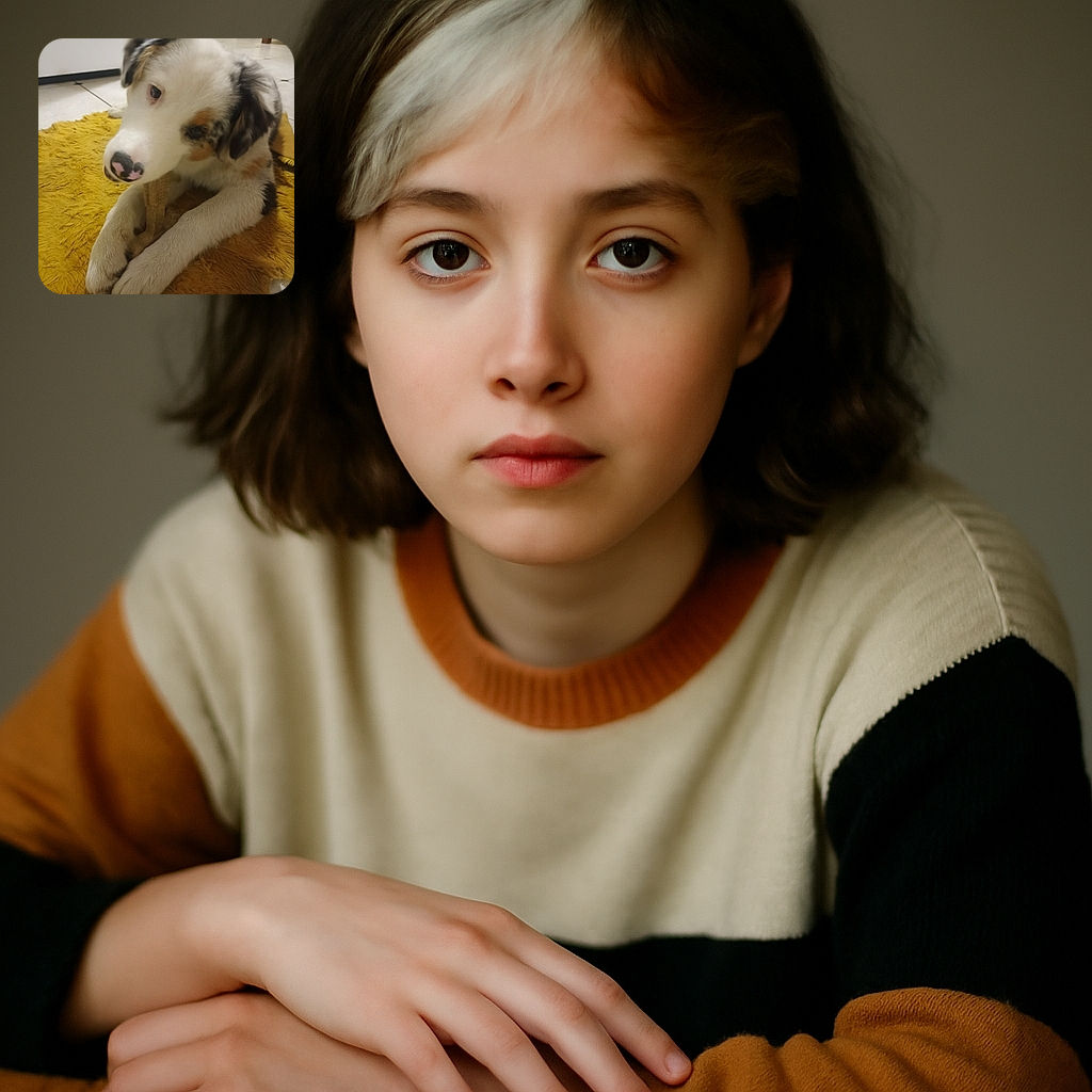 A fluffy puppy with a charming pink and black nose is lying on a mustard yellow rug, chewing on a bone with big paws stretched out, looking adorably curious and slightly blurry as if caught mid-wiggle.