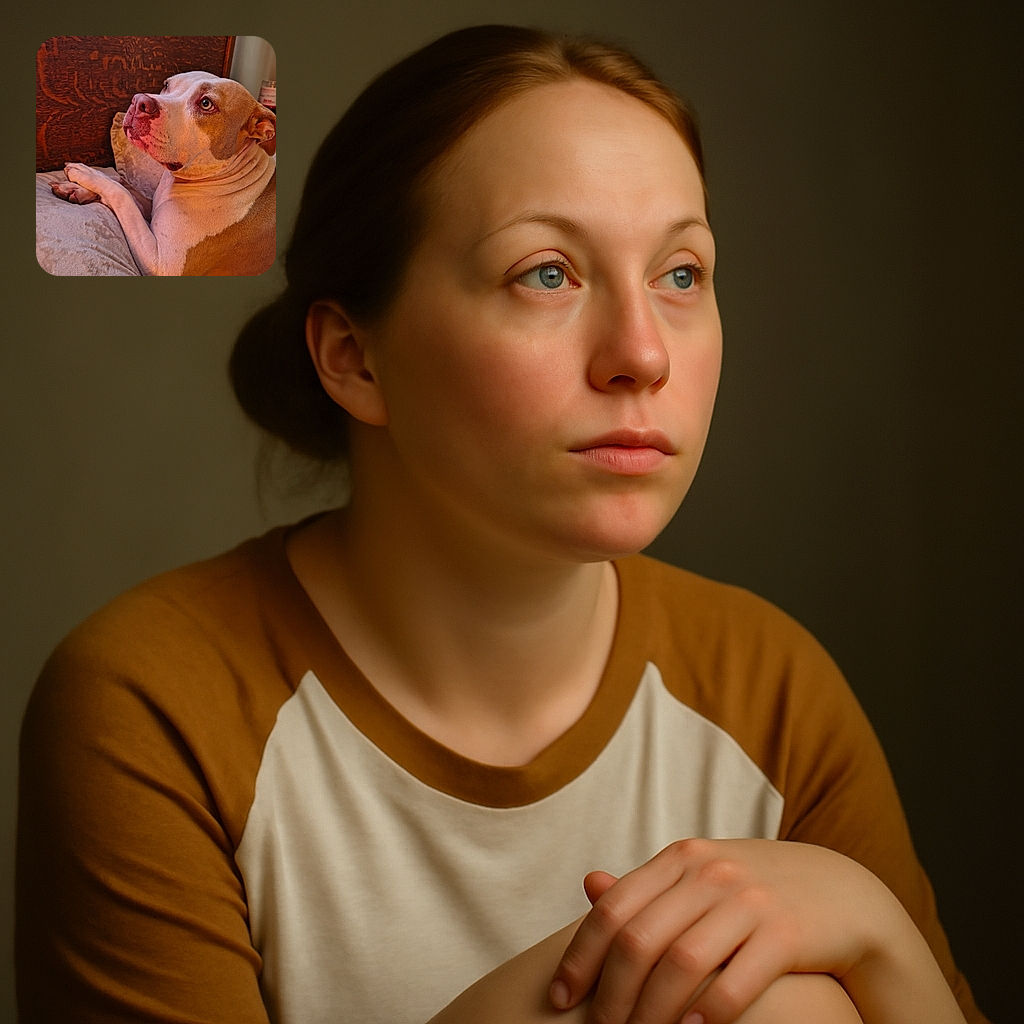 A cozy close-up of a thoughtful dog lounging on a soft beige cushion, gazing off with soulful eyes against a richly textured wooden background. The warm lighting highlights the dog's gentle expression and smooth fur, capturing a quiet, contemplative moment.