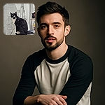 A tuxedo cat with striking green eyes sits elegantly on the edge of a bathtub in a modern bathroom with marble-patterned walls. The cat looks curiously at the camera, while bathroom items like a toothbrush and lotion are neatly arranged nearby.
