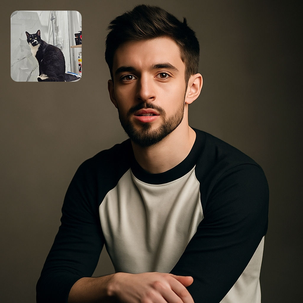 A tuxedo cat with striking green eyes sits elegantly on the edge of a bathtub in a modern bathroom with marble-patterned walls. The cat looks curiously at the camera, while bathroom items like a toothbrush and lotion are neatly arranged nearby.