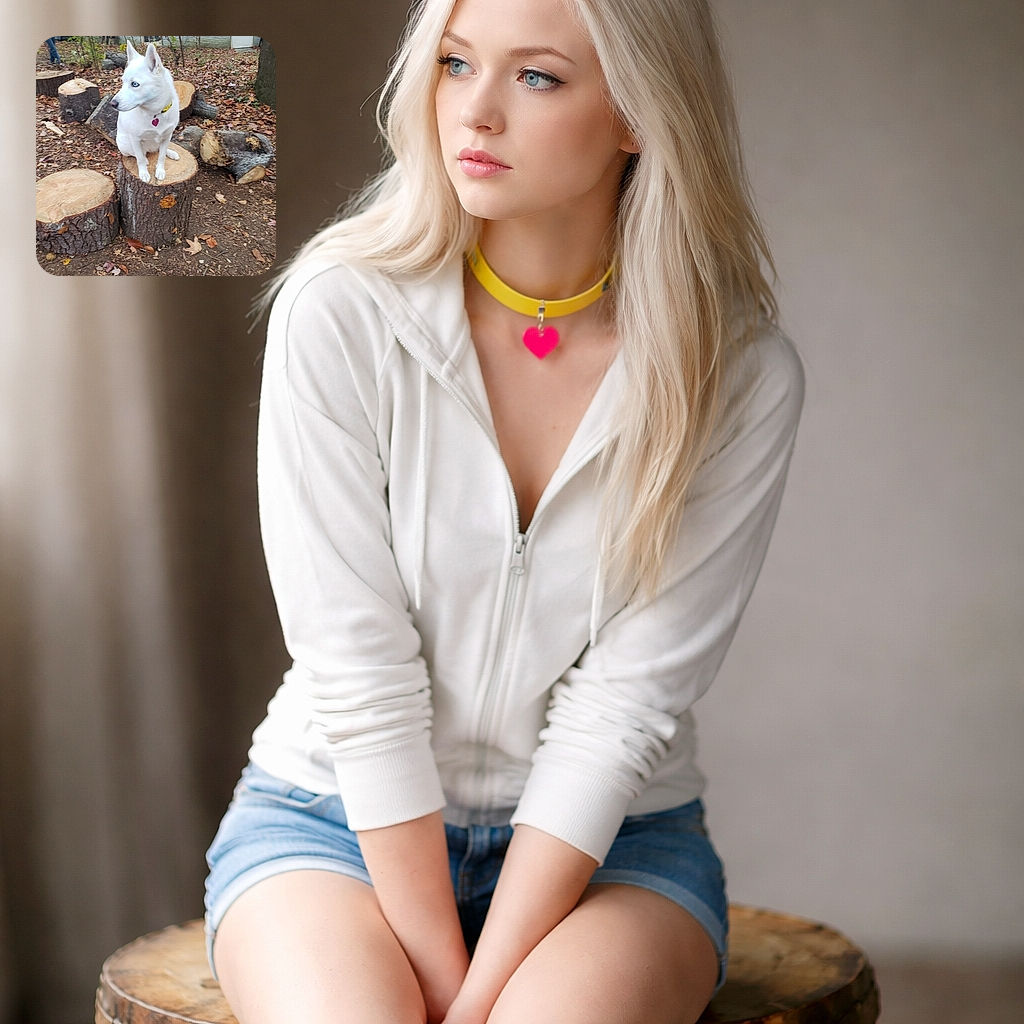 A blue-eyed white husky perched like a woodland judge on a freshly cut stump, giving a dramatic sidelong stare while surrounded by logs and crunchy autumn leaves; yellow collar and pink heart tag add unexpected glamour to this forest throne.