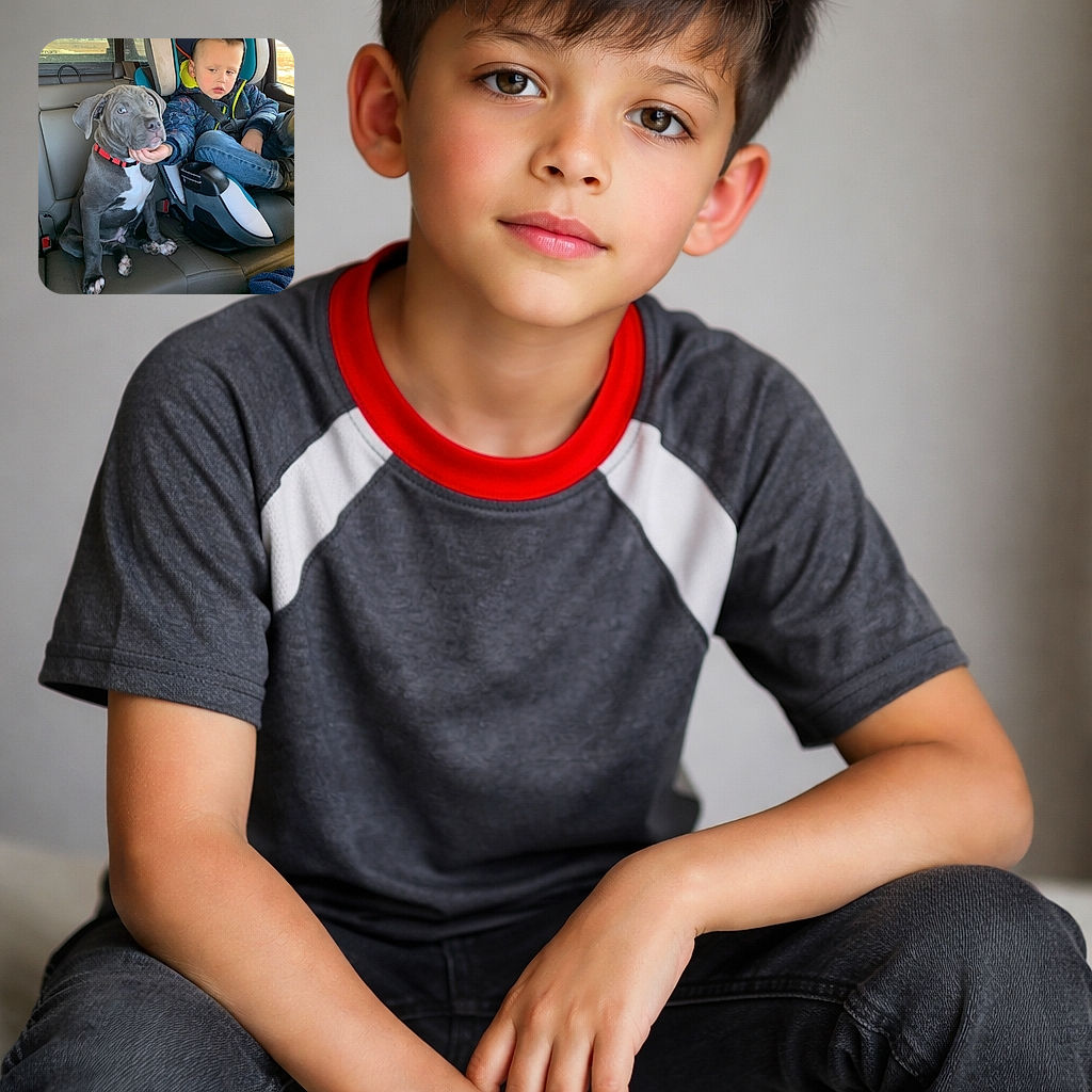 A charming photo capturing a young child in a car seat gently holding the chin of a curious gray puppy with a red collar, both seated in the backseat of a vehicle. The child looks thoughtfully at the puppy, creating a sweet and heartwarming moment. The background shows the car window with a glimpse of the outside scenery.