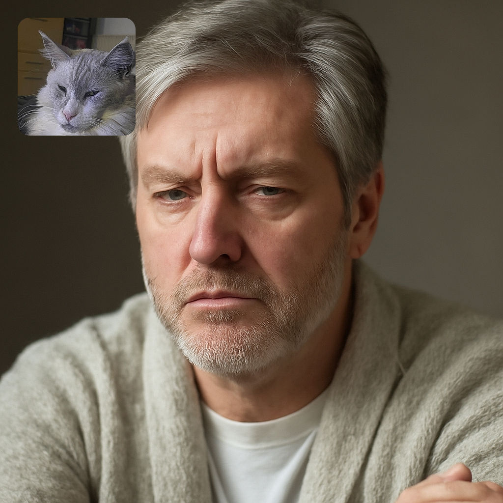 A fluffy cat with a slightly squinty, unimpressed expression lounges comfortably, its soft fur illuminated gently against a cozy indoor backdrop featuring furniture and shelves.