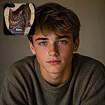 A wide-eyed tabby cat named Kovu stares into the camera like it has just discovered the treat budget, proudly posing on a tiled floor beside its food bowl. The rounded black border and location text give the whole scene the air of a very official feline passport photo.