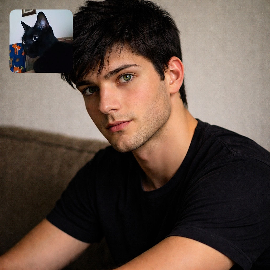 A suspiciously photogenic black cat giving the camera the side-eye — huge reflective eyes, one ear on high alert, and a velvet coat draped over a fox-patterned blanket on the couch. Slightly soft focus but high on personality; clearly either plotting world domination or a very serious nap.