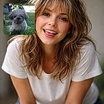 A scruffy little dog with its tongue out stands in a patch of green grass, looking curiously at the camera, with a bright blue sky and garden background.