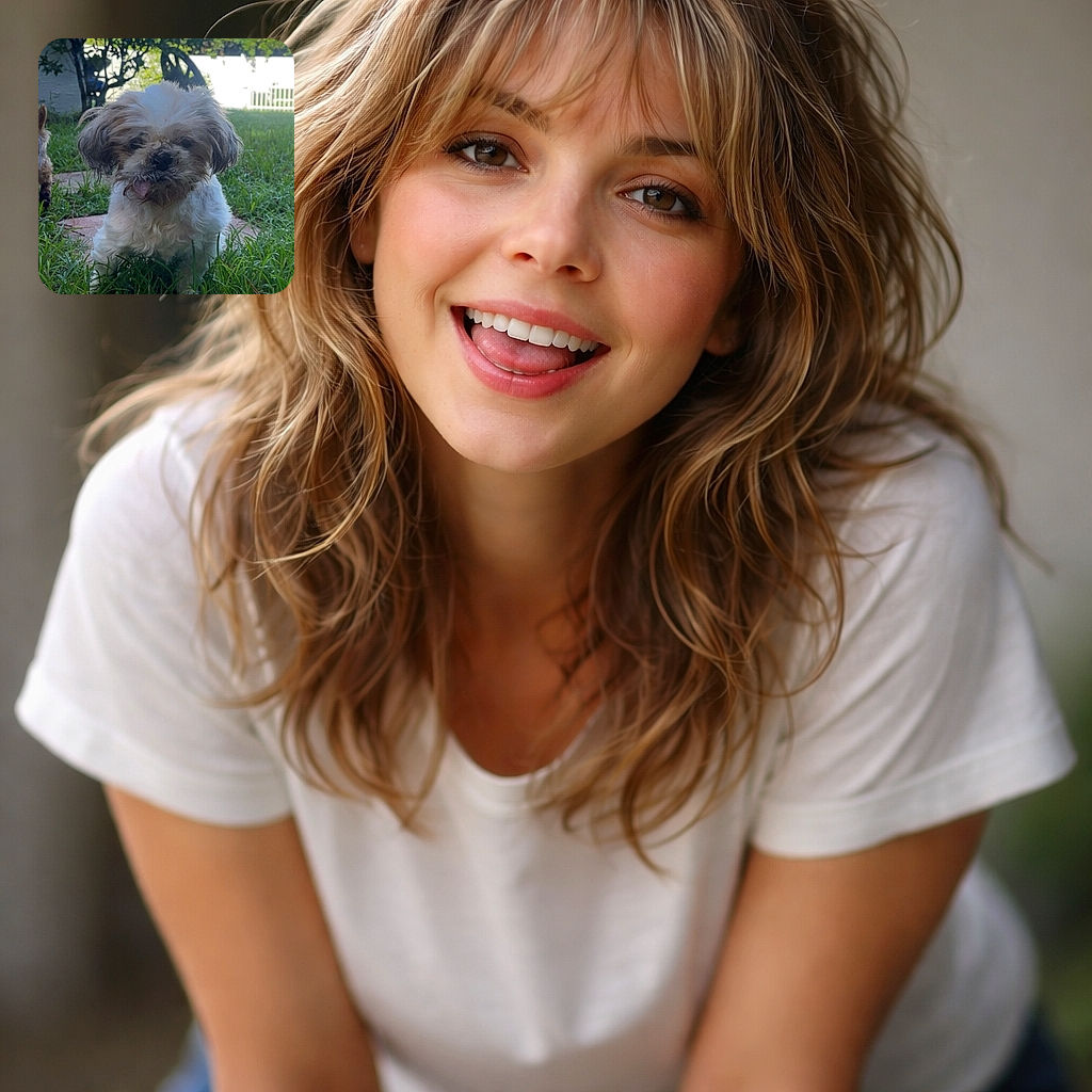 A scruffy little dog with its tongue out stands in a patch of green grass, looking curiously at the camera, with a bright blue sky and garden background.