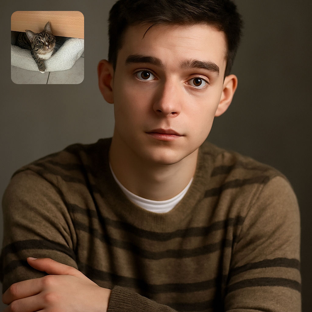 A curious tabby cat with big round eyes is peeking out from under a wooden bed frame, resting its paw on a fluffy white pet bed, looking ready to pounce on some invisible mischief.