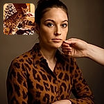 A striking Bengal cat with bold spots stands on a cluttered table, eyes wide and curious as a hand gently scratches its chin. Behind, a festive white Christmas tree adorned with blue ornaments adds a cozy holiday vibe.