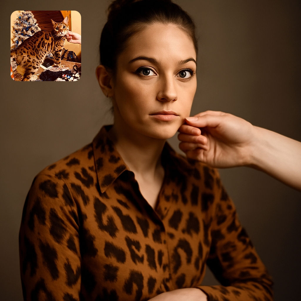 A striking Bengal cat with bold spots stands on a cluttered table, eyes wide and curious as a hand gently scratches its chin. Behind, a festive white Christmas tree adorned with blue ornaments adds a cozy holiday vibe.