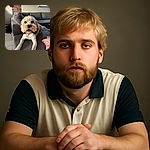 A fluffy dog with soulful eyes lounges on a cozy gray couch, stretching out its paws like a tiny furry king surveying its kingdom. Nearby, a tattooed hand rests casually, adding a human touch to this warm, homey scene.