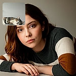 A relaxed tabby cat with striking green eyes lounges on a light wooden surface against a plain gray wall, looking like the epitome of calm and curiosity.