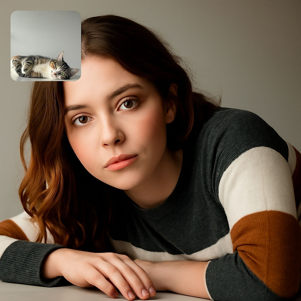 A relaxed tabby cat with striking green eyes lounges on a light wooden surface against a plain gray wall, looking like the epitome of calm and curiosity.