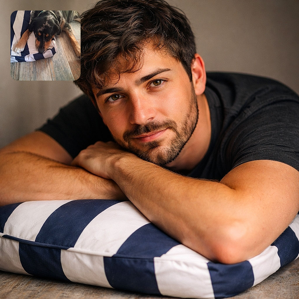 A cozy dog with a shiny black and tan coat is resting its head on a striped blanket on a wooden floor, looking peaceful and ready for a nap. The timestamp and phone model text overlay remind us this moment was captured with a phone camera, adding a casual snapshot vibe.