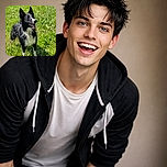 A happy, wet Border Collie standing on lush green grass, tongue out and ears perked up, looking eagerly at something off-camera on a sunny day.