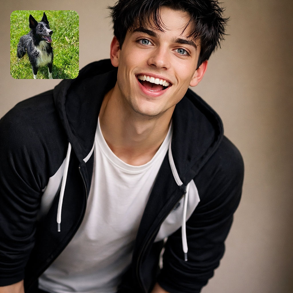 A happy, wet Border Collie standing on lush green grass, tongue out and ears perked up, looking eagerly at something off-camera on a sunny day.