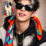 A fluffy dog sporting oversized sunglasses and a colorful scarf strikes a cool pose on a brick pathway, tongue playfully peeking out like it's ready for a sunny day adventure.
