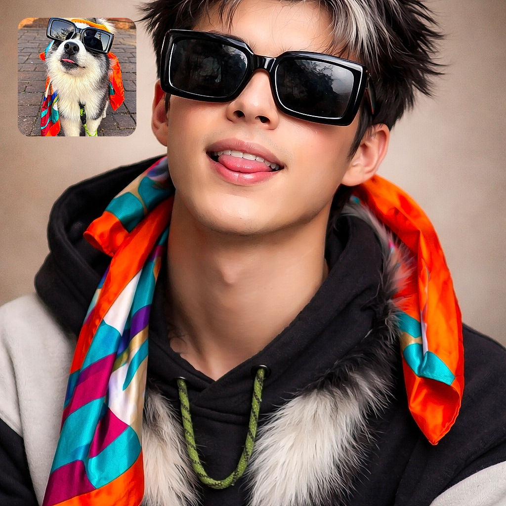 A fluffy dog sporting oversized sunglasses and a colorful scarf strikes a cool pose on a brick pathway, tongue playfully peeking out like it's ready for a sunny day adventure.
