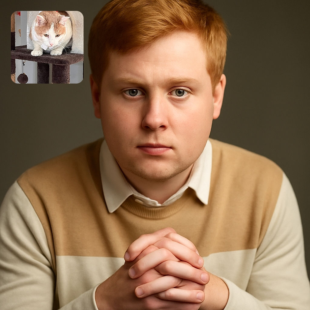 A chubby cat with a white and orange coat peers out from a cozy cat tree hideout, looking like it's plotting its next playful pounce while wearing a tiny white bow around its neck.