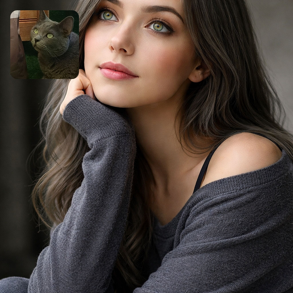 A serene gray cat with striking green eyes lounges on a patch of artificial grass, gazing upward with curiosity. The cozy wooden panel and a bag beside it add a homely touch to this peaceful indoor scene.