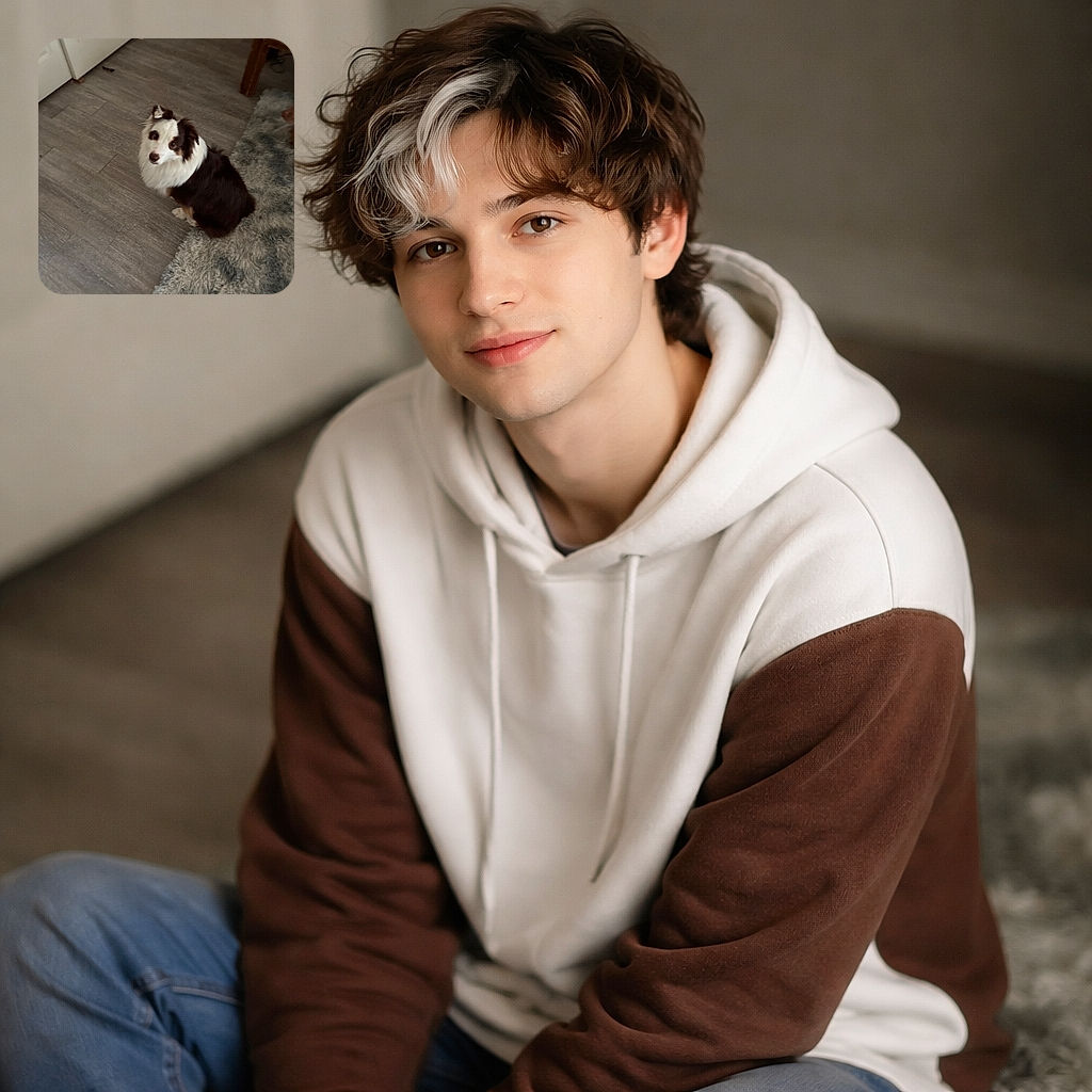 A fluffy brown-and-white dog sits half on a shaggy gray rug and half on a wood floor, looking up with big pleading eyes as if auditioning for the role of 'Chief Treat Officer'. A closet door and a small wooden side table with a cup sit in the background.