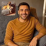 A cheerful dog lounges like the undisputed king of the couch, one paw draped dramatically over the cushion while guarding a tiny orange toy. Behind this relaxed superstar, an aquarium glows blue and the open door suggests the dog may have just finished a very important household patrol.