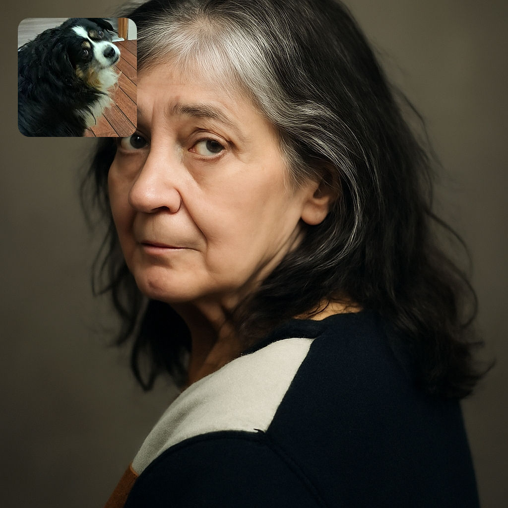 A fluffy black and white dog with a curious expression looks back over its shoulder on a wooden floor indoors, with a slightly blurry effect giving a sense of motion or quick head turn.