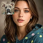 A close-up portrait of a soulful-eyed dog with a brindle coat and a white chest, gazing intently at the camera with a blurred background that highlights its expressive face. The dog wears a colorful outfit adding a playful touch.