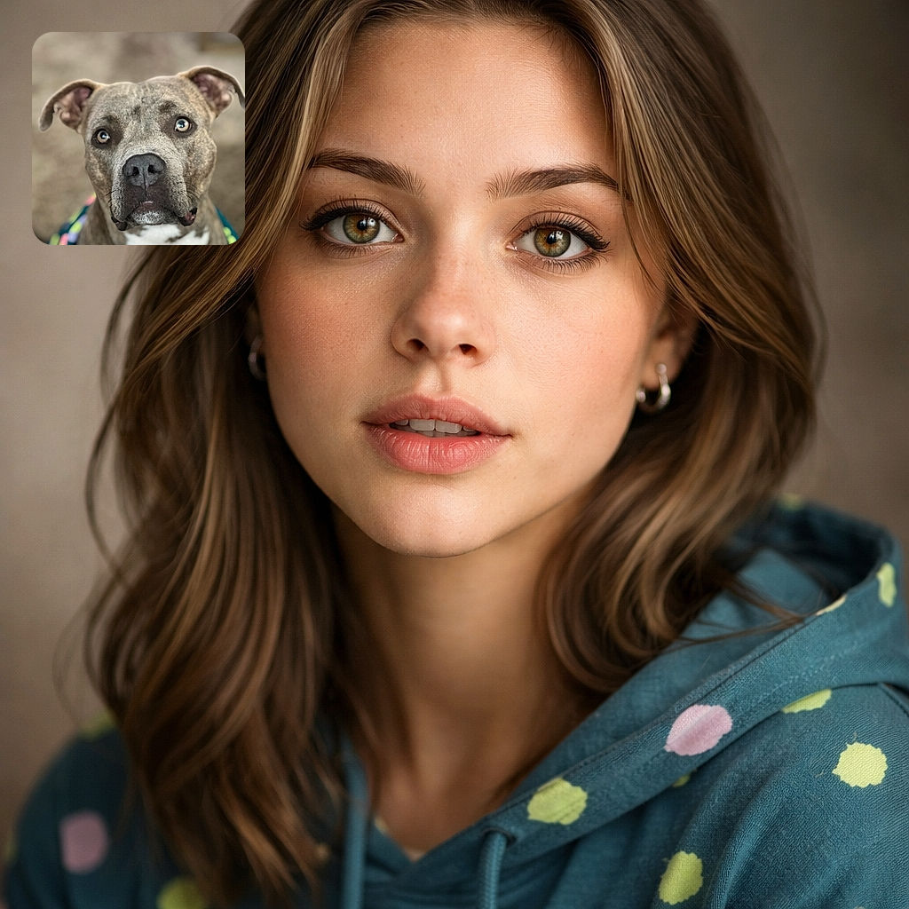 A close-up portrait of a soulful-eyed dog with a brindle coat and a white chest, gazing intently at the camera with a blurred background that highlights its expressive face. The dog wears a colorful outfit adding a playful touch.