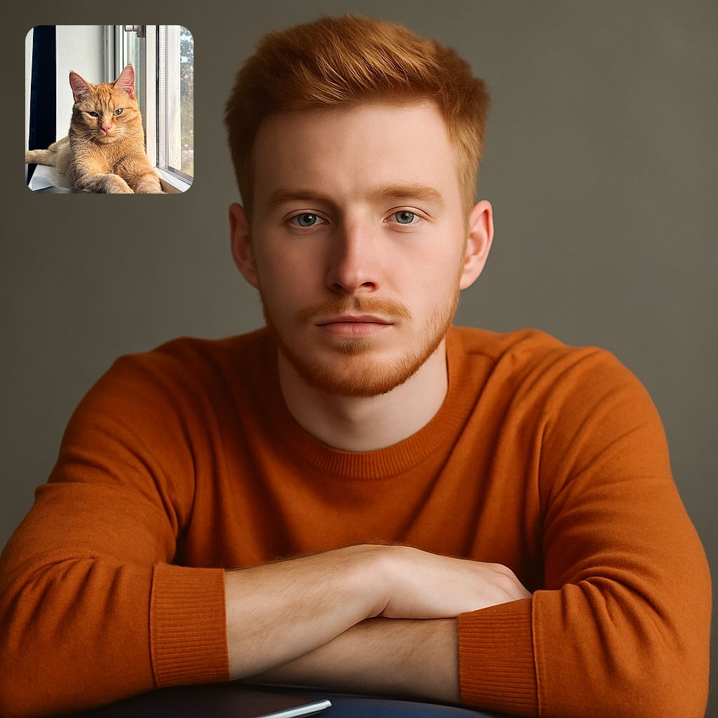 A regal ginger cat lounges on a windowsill bathed in soft natural light, paws stretched out over a stack of notebooks, looking like the boss of the home office with a slightly unimpressed but majestic stare.