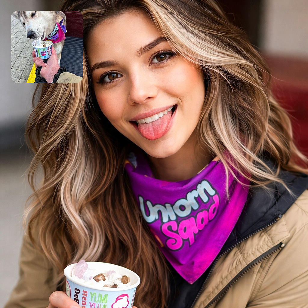 A blissed-out husky in a bright 'squad' bandana is fully committed to licking every last drop of a tiny ice cream cup while a human holds it—whipped-cream beard and all. Sidewalk tiles and a bench form the casual outdoor stage for this very serious dessert heist.