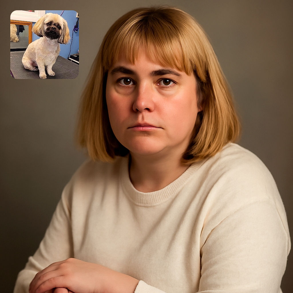 A small, freshly groomed dog with a fluffy, light-colored coat and darker facial fur sits patiently on a grooming table. The background shows a blue wall with grooming tools and a mirror reflecting the dog's back, emphasizing the tidy and cozy grooming environment.