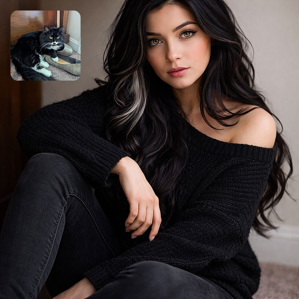 A fluffy black and white cat lounges comfortably on a pair of worn shoes on a carpeted floor, casting a calm and curious gaze with bright yellow eyes. The cozy indoor setting features wooden furniture and a small colorful toy in the corner, adding a homey vibe.