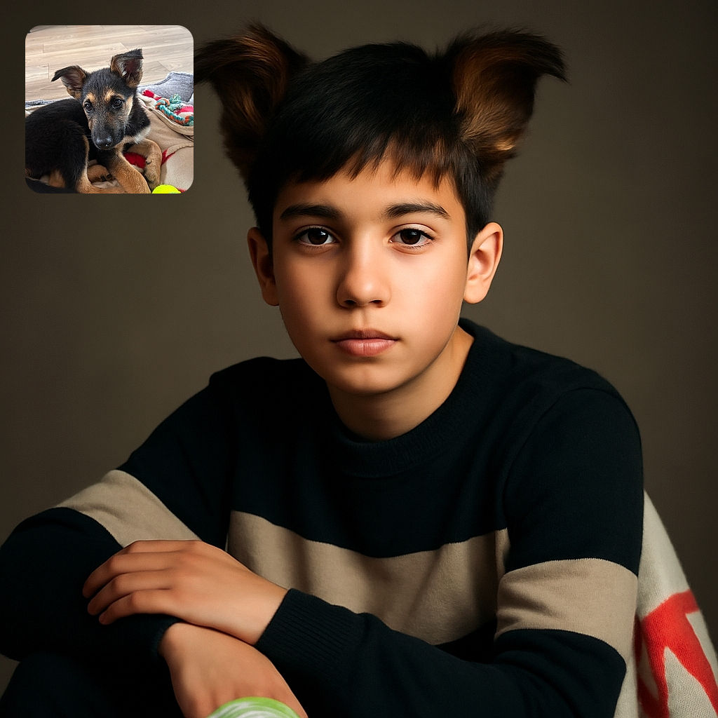 A cute German Shepherd puppy lounges on a cozy blanket with a bright yellow tennis ball nearby, looking curiously at the camera with big, soulful eyes. The background shows a wooden floor and a potted plant, adding a warm homey vibe.