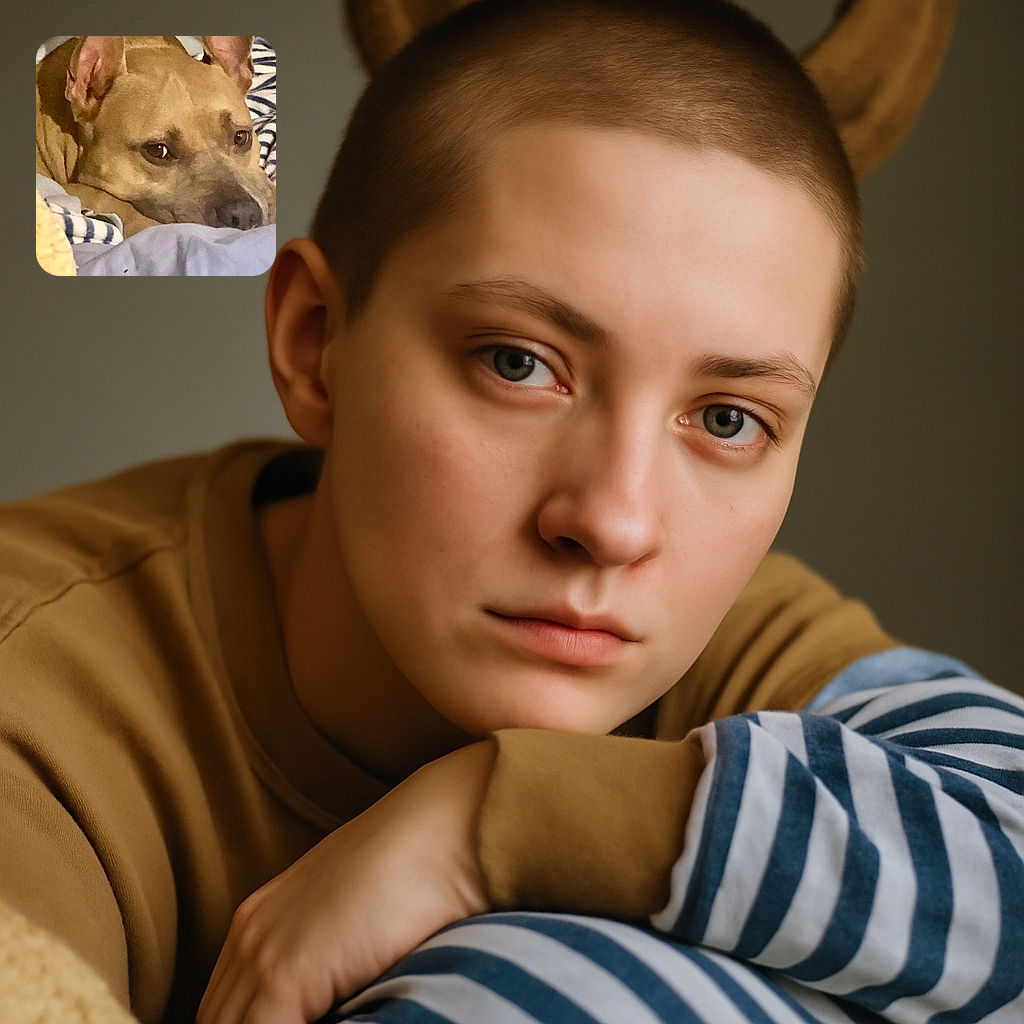 A cozy dog with large ears resting its head on a pile of blankets, looking relaxed and slightly sleepy in a warm indoor setting.