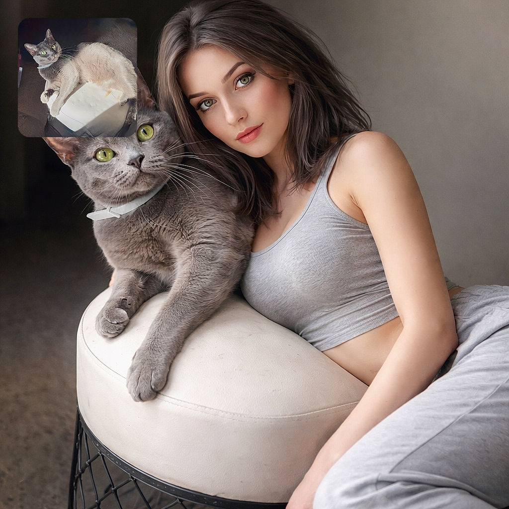 A gray cat soaks up a sunbeam on a white ottoman, green eyes staring like a tiny furry philosopher while whiskers and ears bask in dramatic light — the rest of the room disappears into cozy shadow.